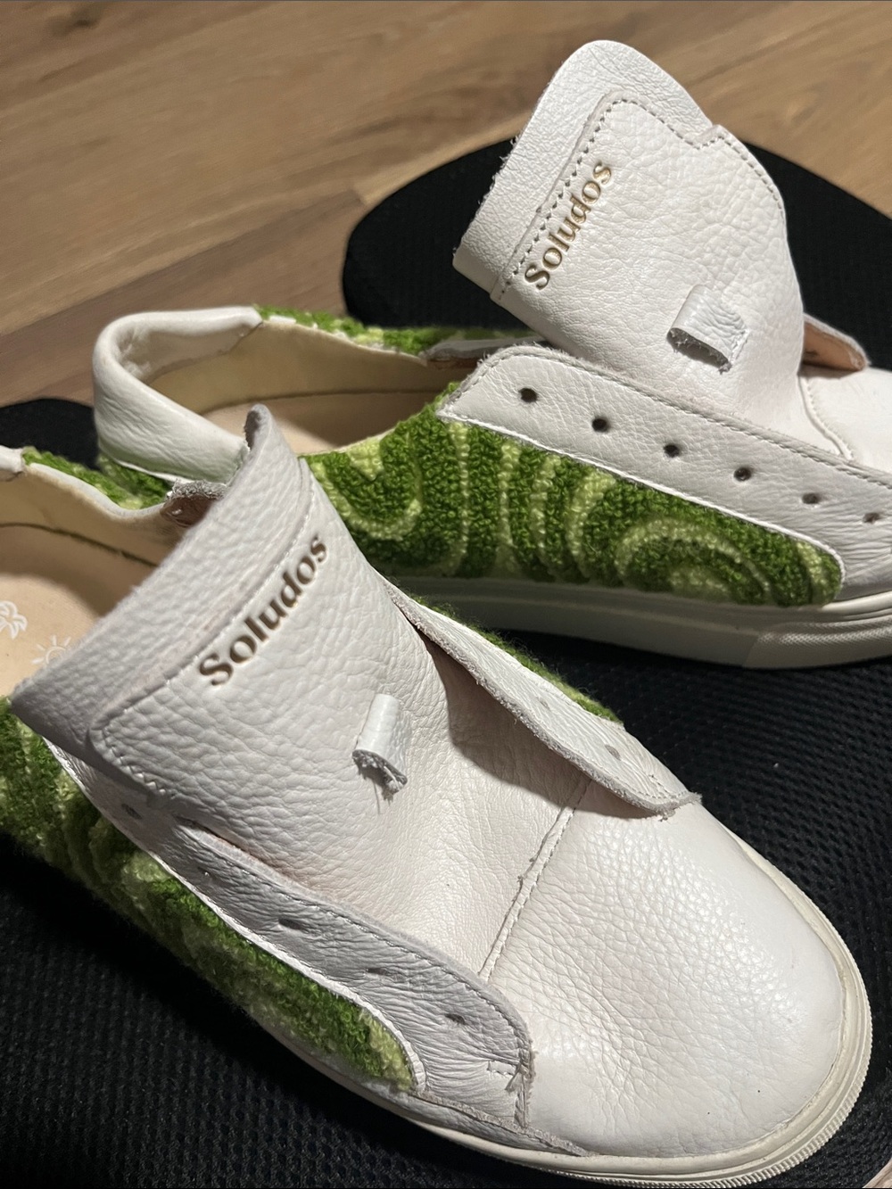 Soludos White Slip-On Sneakers with terry cloth Green Patterned Accents